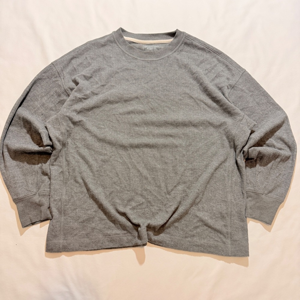 American Eagle Thermal Shirt Men Large Gray Boxy Fit Waffle Knit Long Sleeve